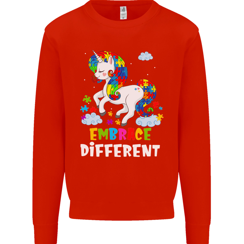 Autism Unicorn Embrace Different Autistic Kids Sweatshirt Jumper Bright Red