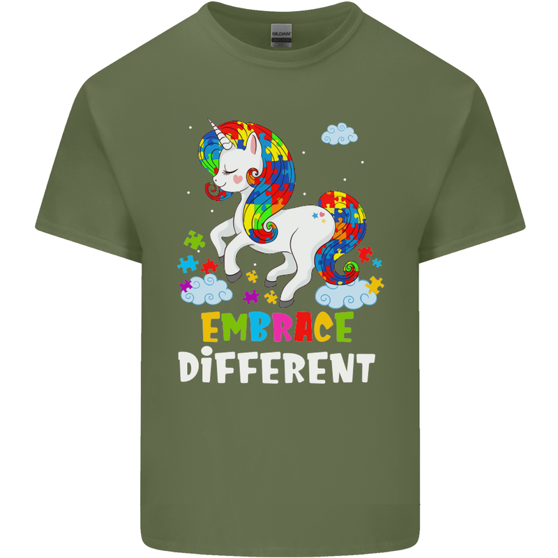 Autism Unicorn Embrace Different Autistic Mens Cotton T-Shirt Tee Top Military Green