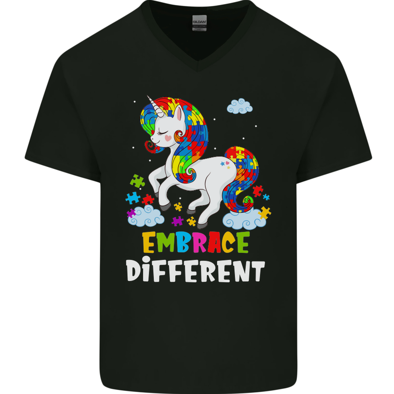 Autism Unicorn Embrace Different Autistic Mens V-Neck Cotton T-Shirt Black