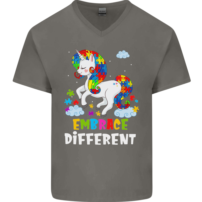 Autism Unicorn Embrace Different Autistic Mens V-Neck Cotton T-Shirt Charcoal