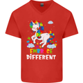 Autism Unicorn Embrace Different Autistic Mens V-Neck Cotton T-Shirt Red