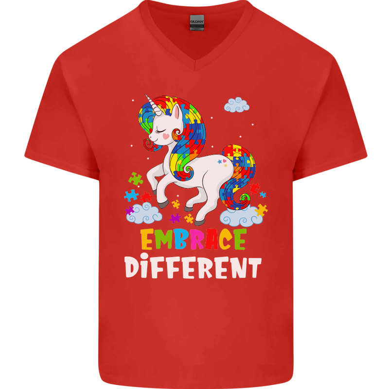 Autism Unicorn Embrace Different Autistic Mens V-Neck Cotton T-Shirt Red