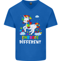 Autism Unicorn Embrace Different Autistic Mens V-Neck Cotton T-Shirt Royal Blue