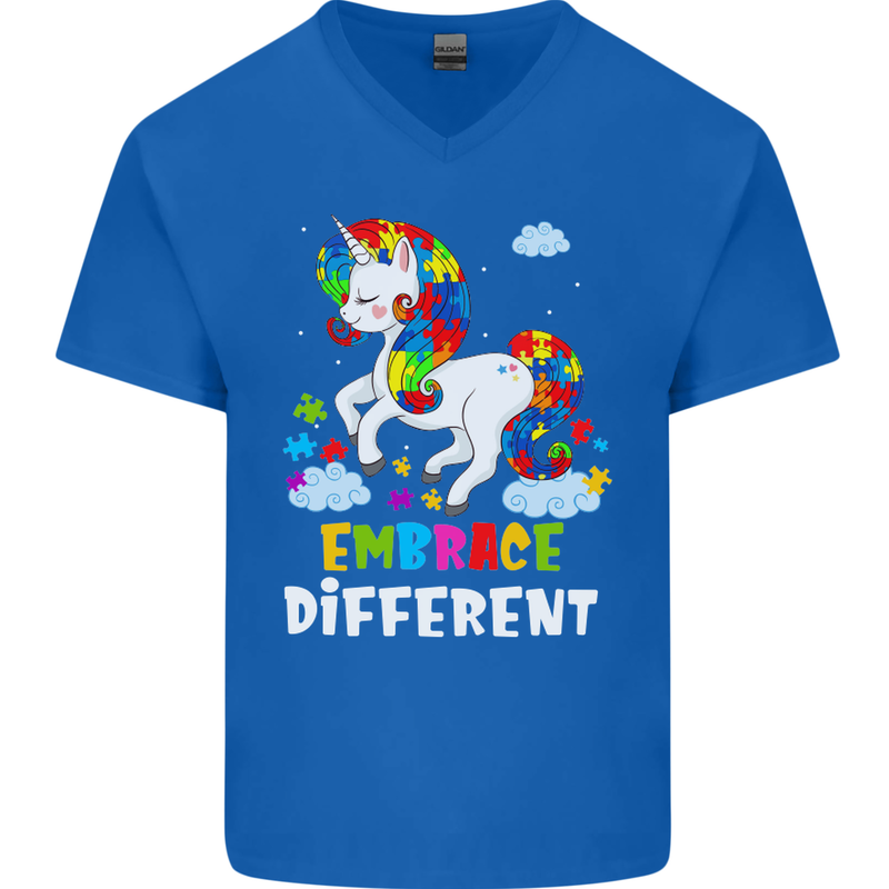 Autism Unicorn Embrace Different Autistic Mens V-Neck Cotton T-Shirt Royal Blue