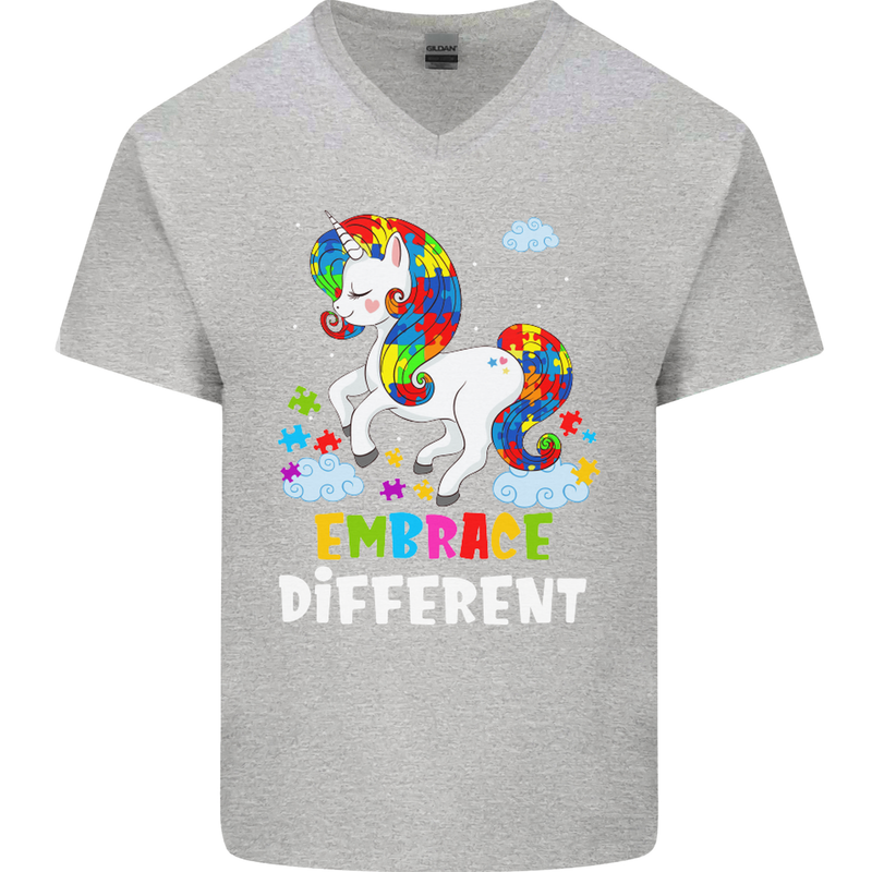 Autism Unicorn Embrace Different Autistic Mens V-Neck Cotton T-Shirt Sports Grey