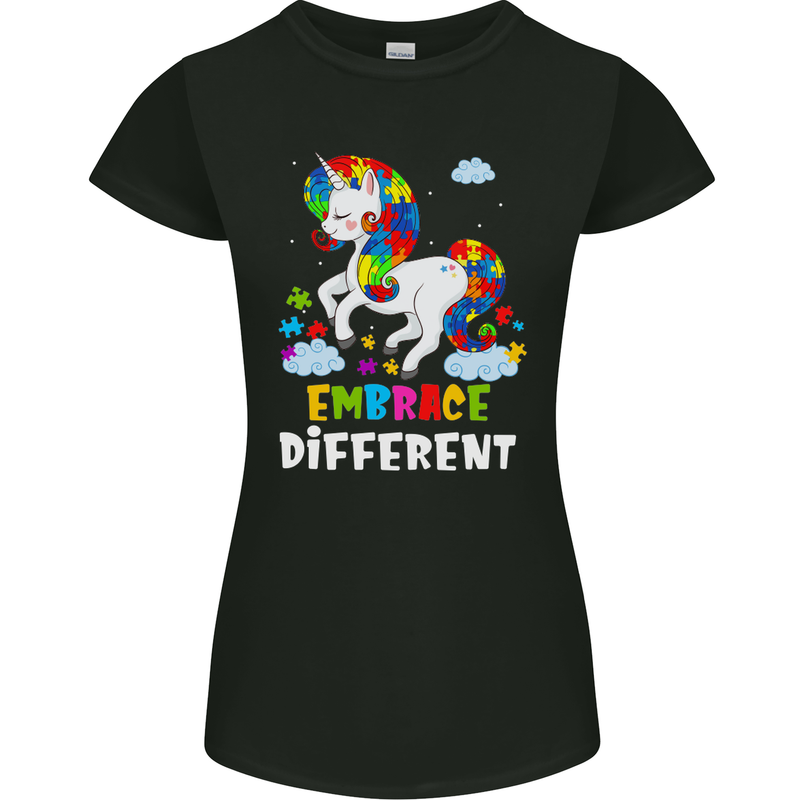 Autism Unicorn Embrace Different Autistic Womens Petite Cut T-Shirt Black