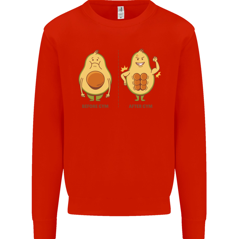 Avocado Gym Funny Fitness Training Healthy Kids Sweatshirt Jumper Bright Red