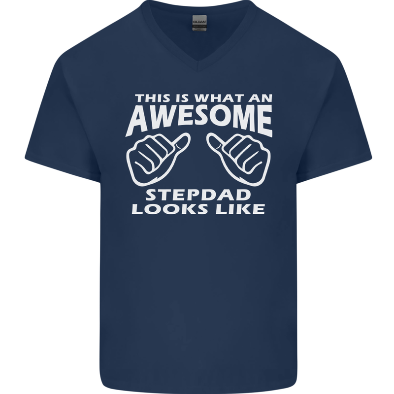 Awesome Stepdad Funny Father's Day Step Dad Mens V-Neck Cotton T-Shirt Navy Blue