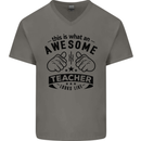 Awesome Teacher Looks Like Teaching Funny Mens V-Neck Cotton T-Shirt Charcoal