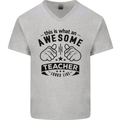 Awesome Teacher Looks Like Teaching Funny Mens V-Neck Cotton T-Shirt Sports Grey