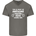 Awesome Tractor Driver Farmer Farming Mens V-Neck Cotton T-Shirt Charcoal