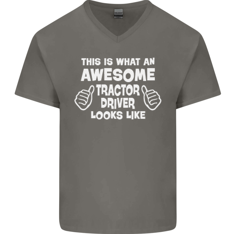 Awesome Tractor Driver Farmer Farming Mens V-Neck Cotton T-Shirt Charcoal