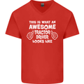 Awesome Tractor Driver Farmer Farming Mens V-Neck Cotton T-Shirt Red