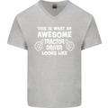 Awesome Tractor Driver Farmer Farming Mens V-Neck Cotton T-Shirt Sports Grey