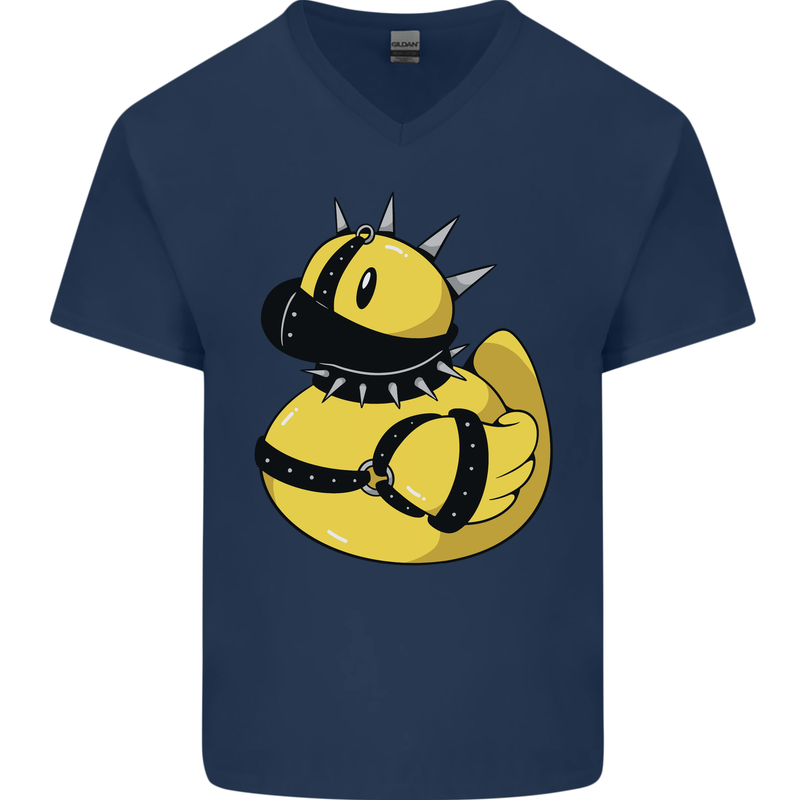 BDSM Rubber Duck Funny Bondage Mens V-Neck Cotton T-Shirt Navy Blue