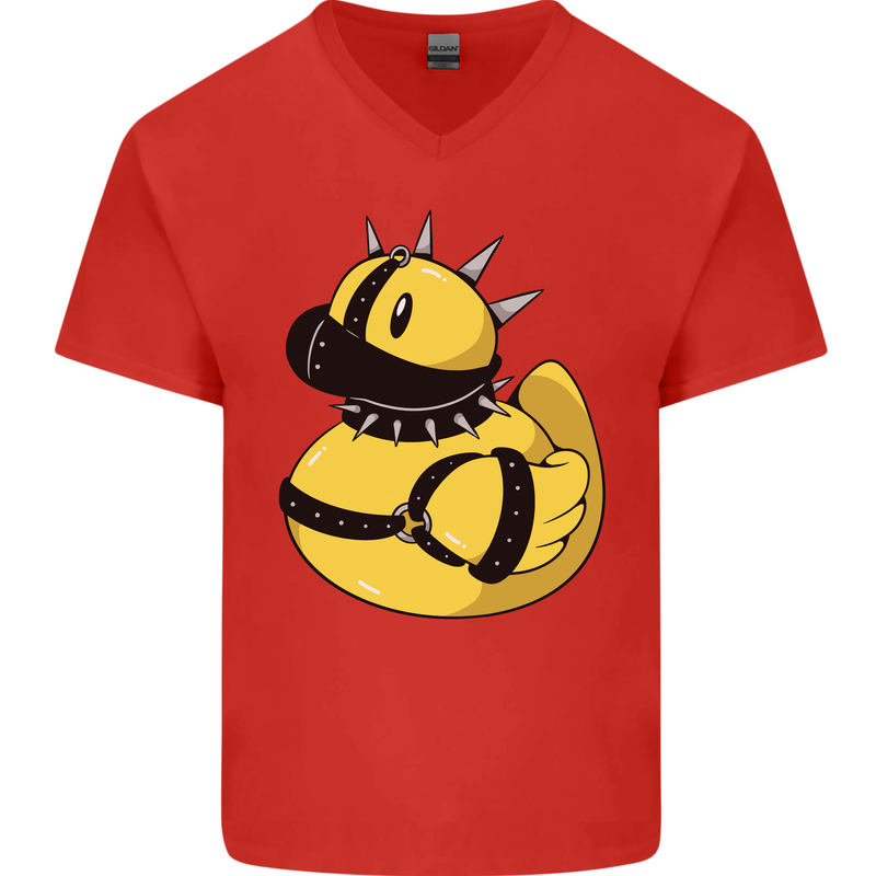 BDSM Rubber Duck Funny Bondage Mens V-Neck Cotton T-Shirt Red
