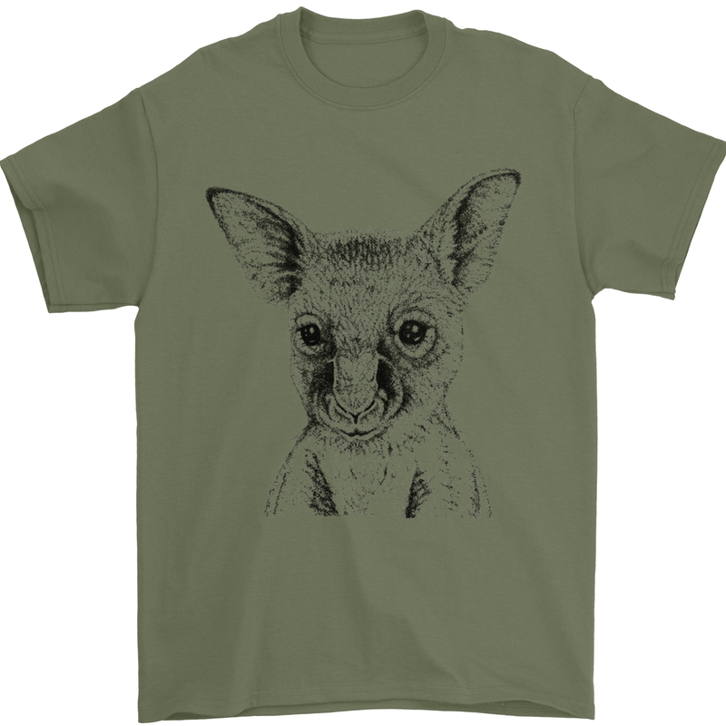 Baby Kangaroo Sketch Ecology Environment Mens T-Shirt Cotton Gildan Military Green