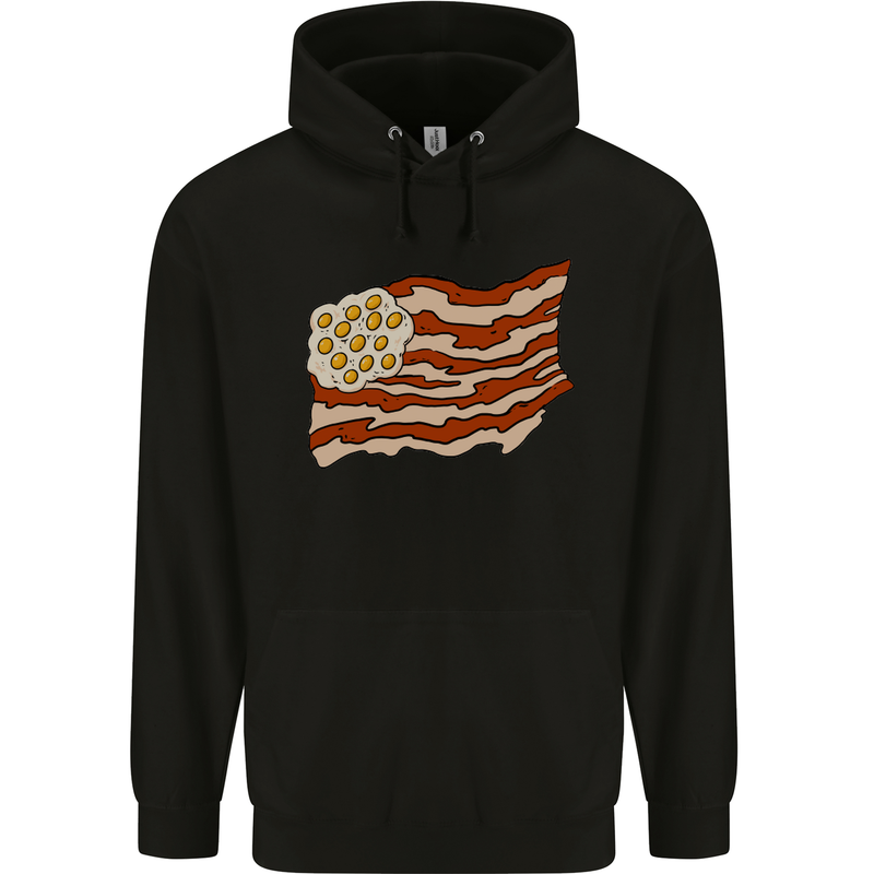 Bacon Egg Stars and Stripes Flag Funny USA Mens 80% Cotton Hoodie Black