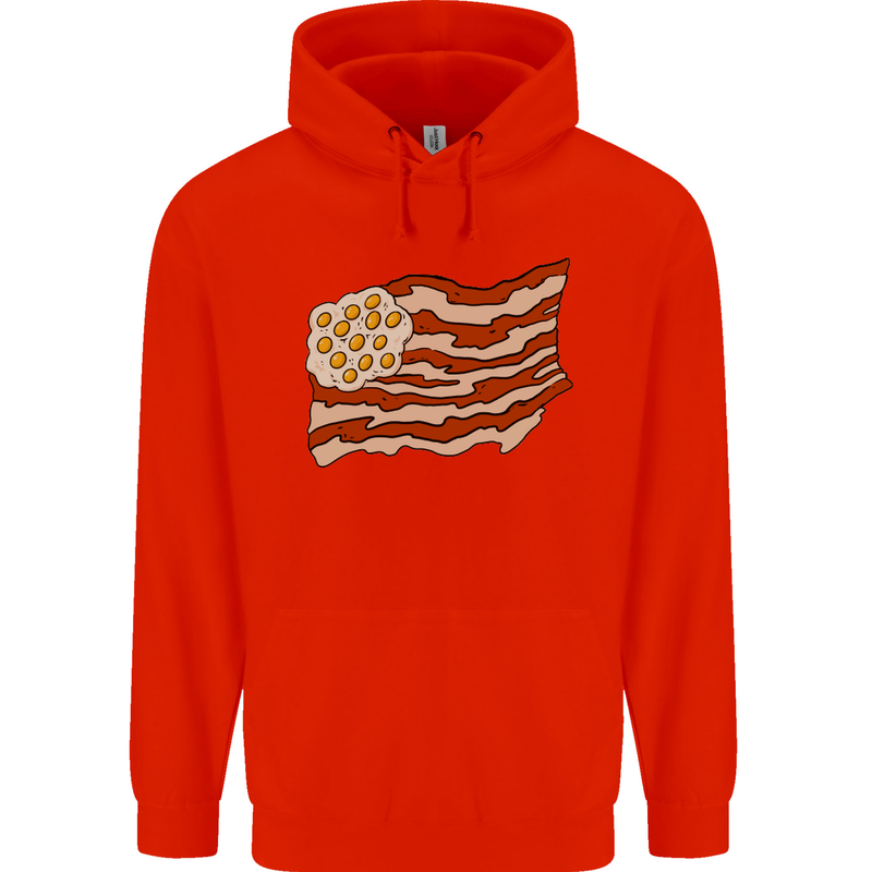 Bacon Egg Stars and Stripes Flag Funny USA Mens 80% Cotton Hoodie Bright Red