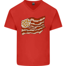 Bacon Egg Stars and Stripes Flag Funny USA Mens V-Neck Cotton T-Shirt Red