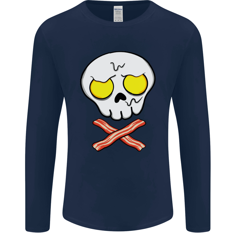 Bacon & Egg Skull & Crossbones Funny Mens Long Sleeve T-Shirt Navy Blue