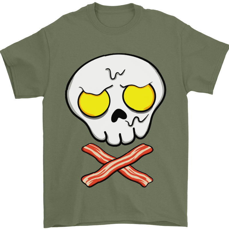 Bacon & Egg Skull & Crossbones Funny Mens T-Shirt Cotton Gildan Military Green