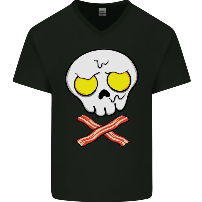 Bacon & Egg Skull & Crossbones Funny Mens V-Neck Cotton T-Shirt Black