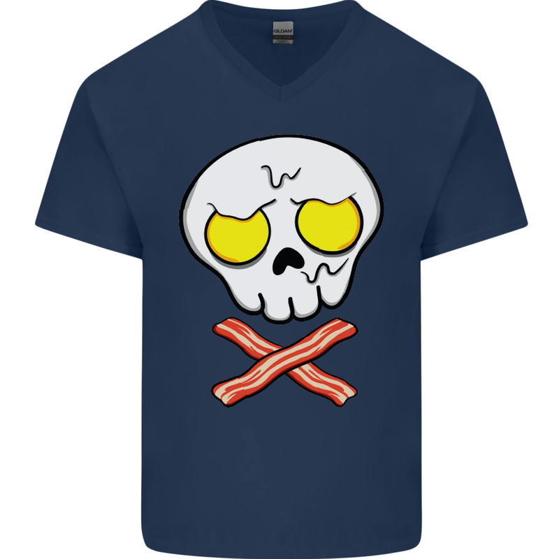 Bacon & Egg Skull & Crossbones Funny Mens V-Neck Cotton T-Shirt Navy Blue