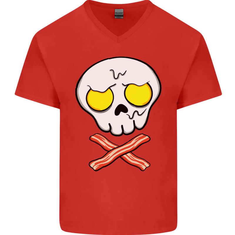 Bacon & Egg Skull & Crossbones Funny Mens V-Neck Cotton T-Shirt Red