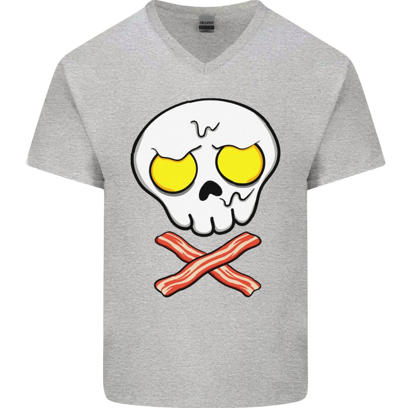 Bacon & Egg Skull & Crossbones Funny Mens V-Neck Cotton T-Shirt Sports Grey