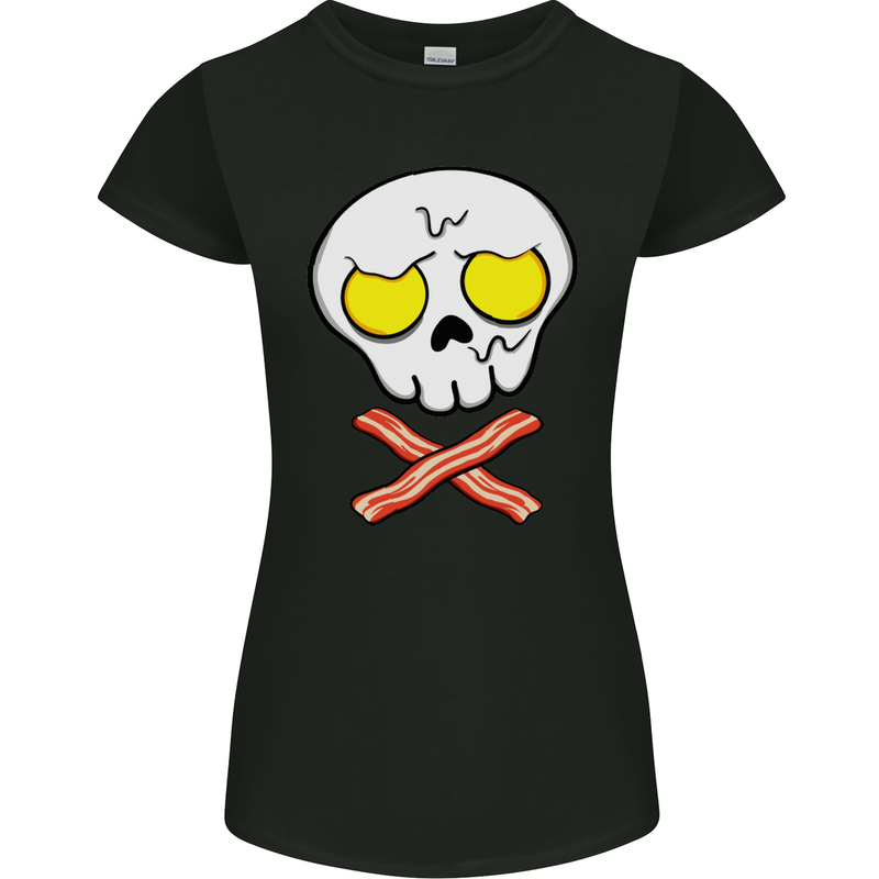 Bacon & Egg Skull & Crossbones Funny Womens Petite Cut T-Shirt Black