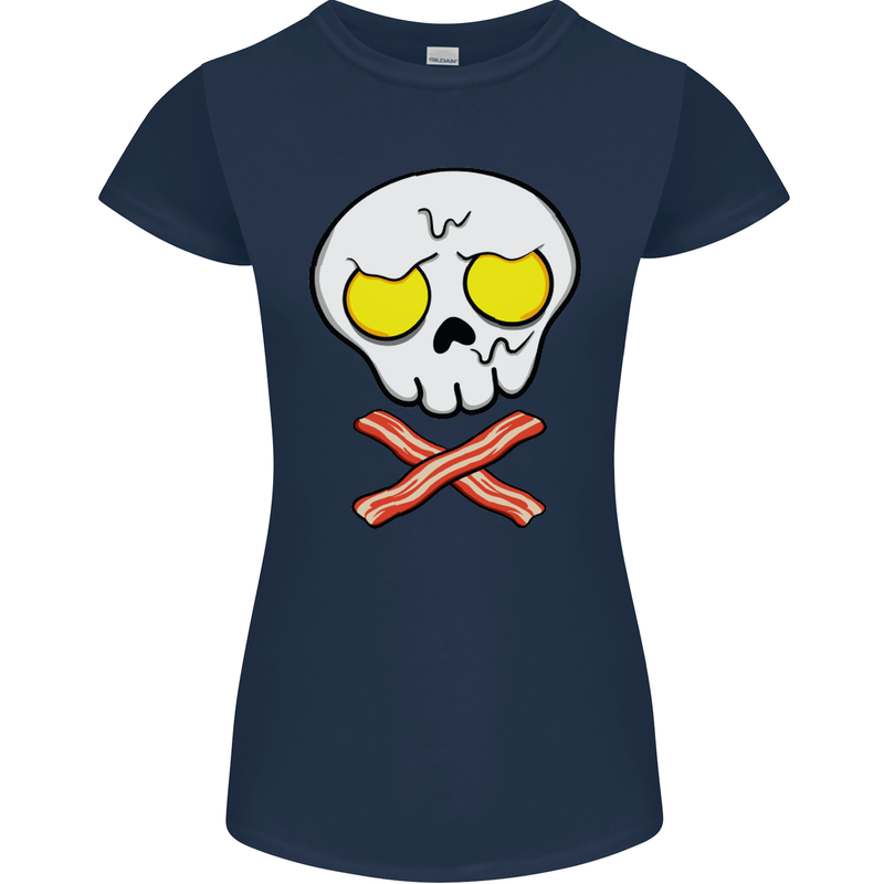 Bacon & Egg Skull & Crossbones Funny Womens Petite Cut T-Shirt Navy Blue