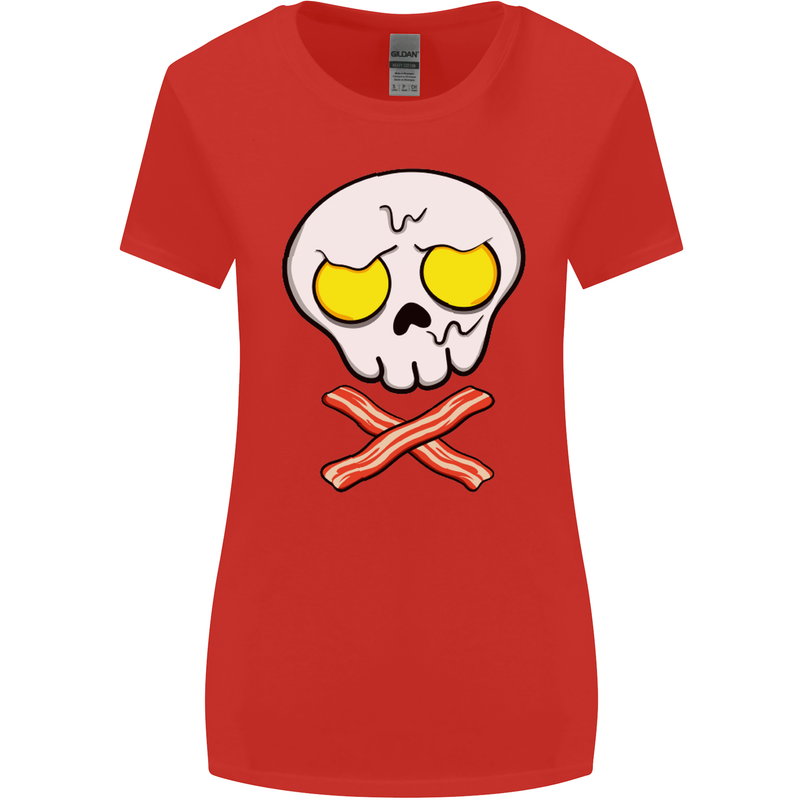 Bacon & Egg Skull & Crossbones Funny Womens Wider Cut T-Shirt Red