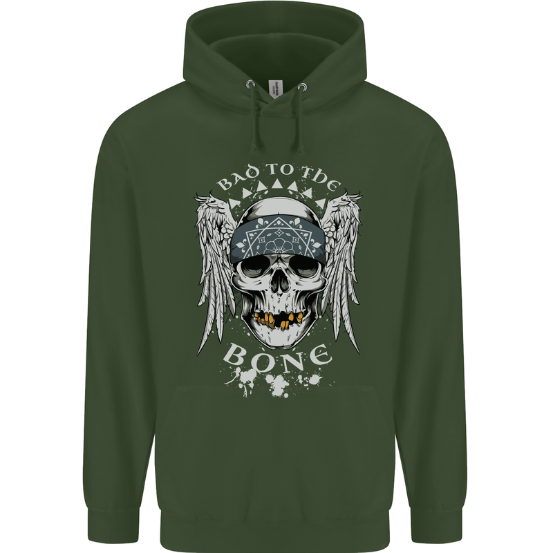 Bad 2 the Bone Biker Skull Angel Motorcycle Childrens Kids Hoodie Forest Green