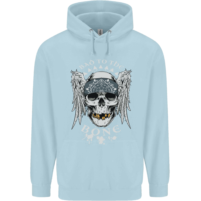 Bad 2 the Bone Biker Skull Angel Motorcycle Childrens Kids Hoodie Light Blue