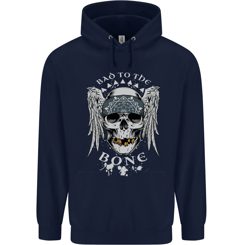 Bad 2 the Bone Biker Skull Angel Motorcycle Childrens Kids Hoodie Navy Blue