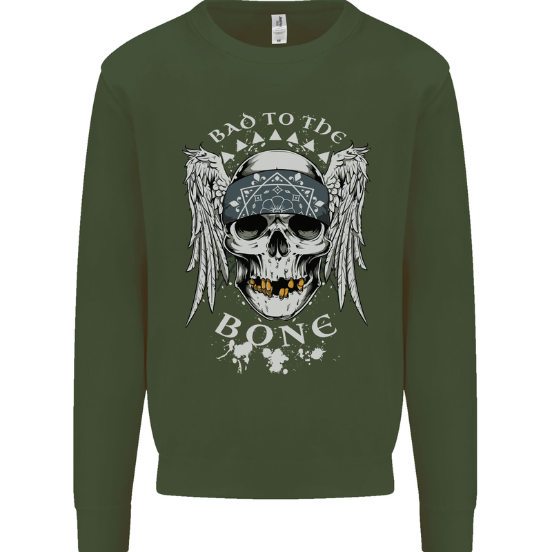 Bad 2 the Bone Biker Skull Angel Motorcycle Kids Sweatshirt Jumper Forest Green