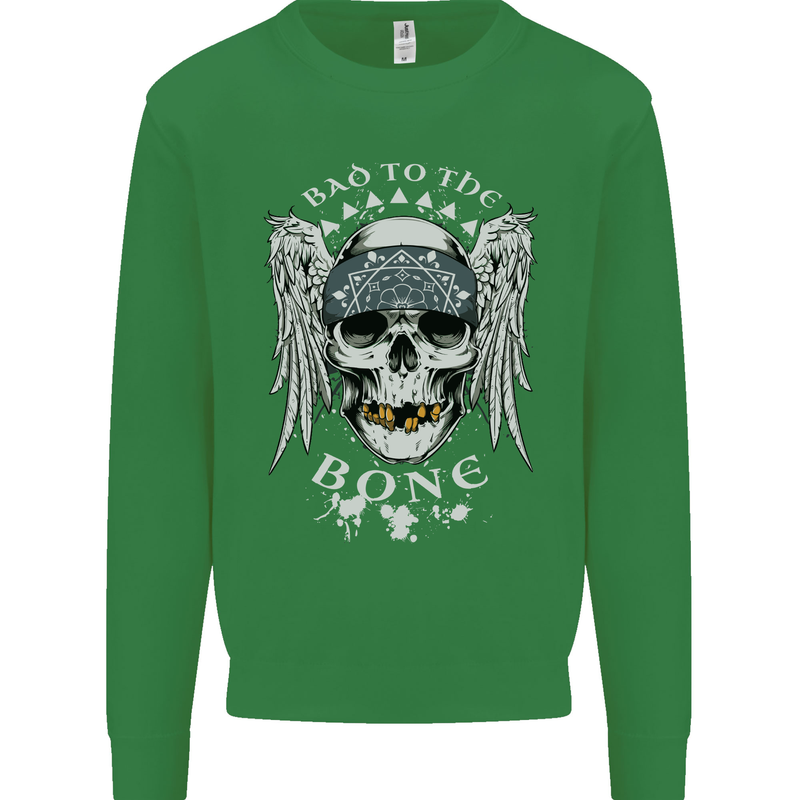 Bad 2 the Bone Biker Skull Angel Motorcycle Kids Sweatshirt Jumper Irish Green