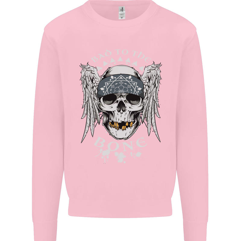 Bad 2 the Bone Biker Skull Angel Motorcycle Kids Sweatshirt Jumper Light Pink