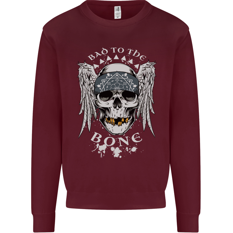 Bad 2 the Bone Biker Skull Angel Motorcycle Kids Sweatshirt Jumper Maroon