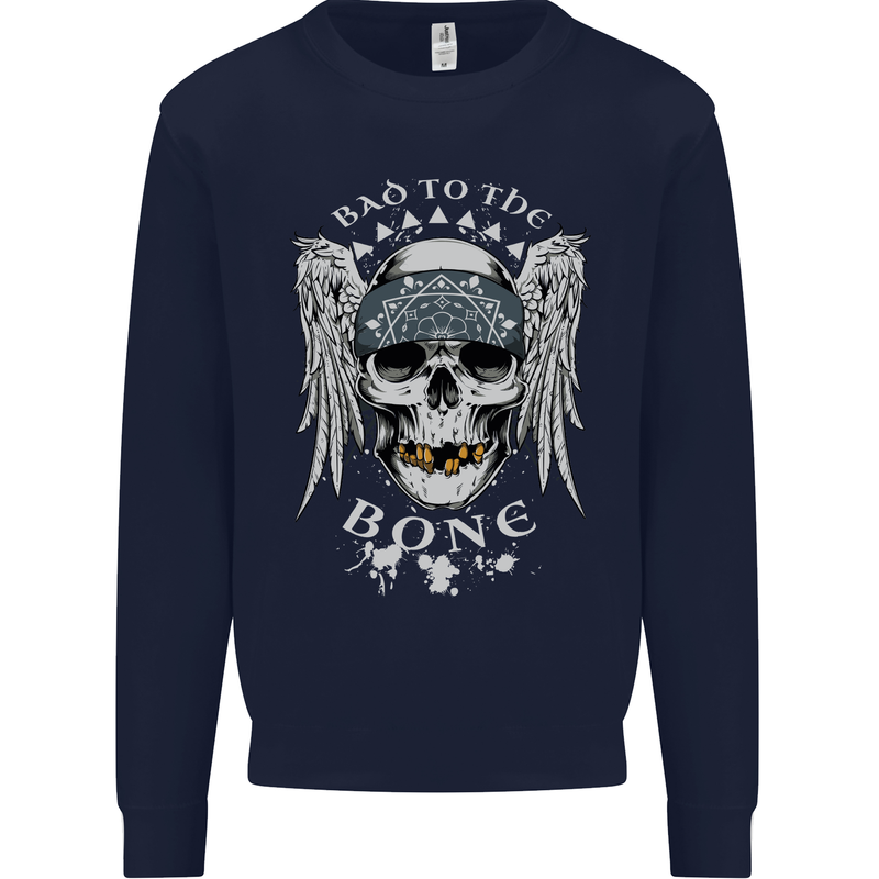 Bad 2 the Bone Biker Skull Angel Motorcycle Kids Sweatshirt Jumper Navy Blue