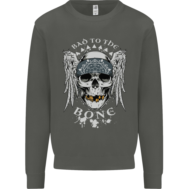 Bad 2 the Bone Biker Skull Angel Motorcycle Kids Sweatshirt Jumper Storm Grey