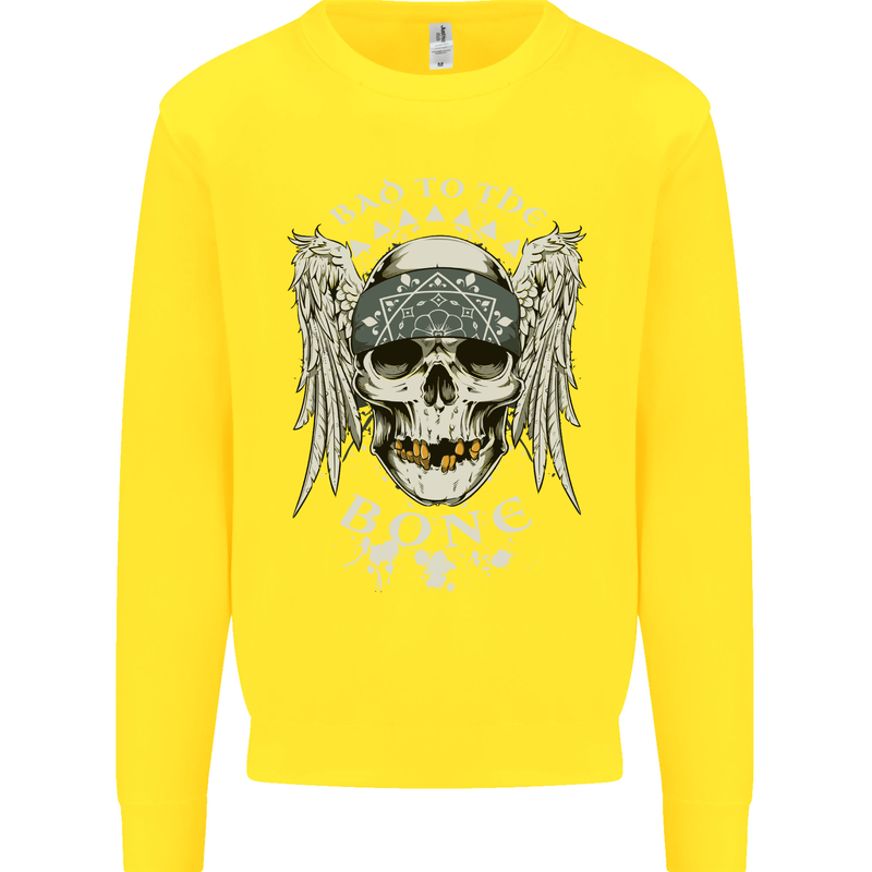 Bad 2 the Bone Biker Skull Angel Motorcycle Kids Sweatshirt Jumper Yellow