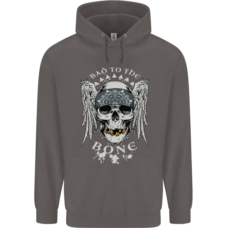 Bad 2 the Bone Biker Skull Angel Motorcycle Mens 80% Cotton Hoodie Charcoal