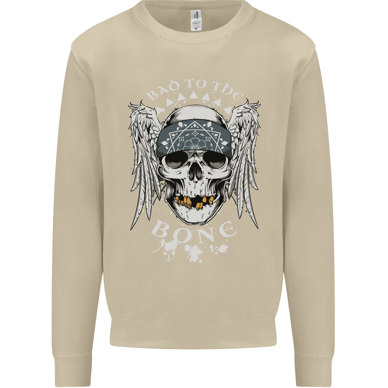 Bad 2 the Bone Biker Skull Angel Motorcycle Mens Sweatshirt Jumper Sand