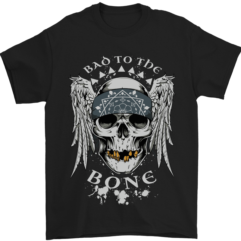 Bad 2 the Bone Biker Skull Angel Motorcycle Mens T-Shirt Cotton Gildan Black