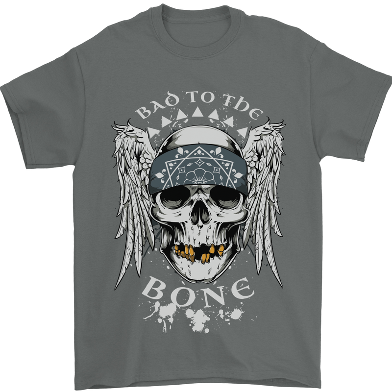 Bad 2 the Bone Biker Skull Angel Motorcycle Mens T-Shirt Cotton Gildan Charcoal