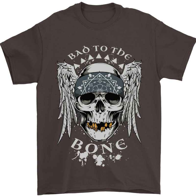 Bad 2 the Bone Biker Skull Angel Motorcycle Mens T-Shirt Cotton Gildan Dark Chocolate