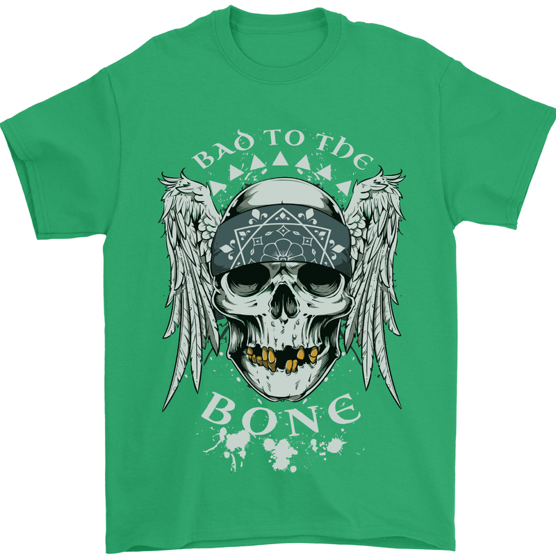 Bad 2 the Bone Biker Skull Angel Motorcycle Mens T-Shirt Cotton Gildan Irish Green
