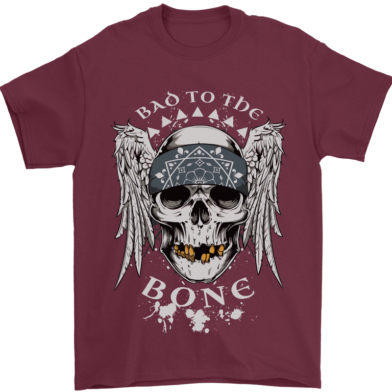 Bad 2 the Bone Biker Skull Angel Motorcycle Mens T-Shirt Cotton Gildan Maroon